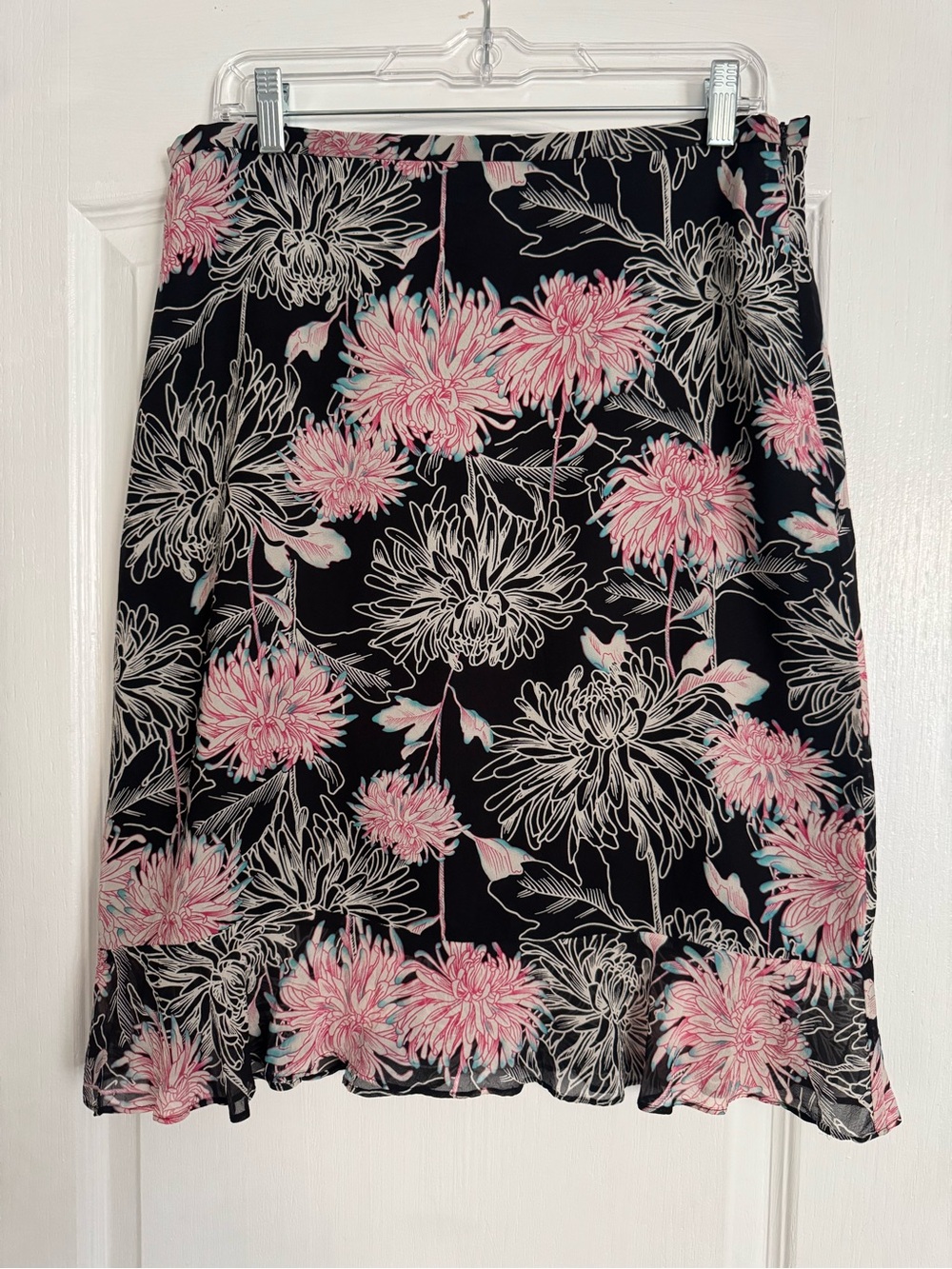 BCBGMaxAzria Black A-Line Skirt with Pink Floral Motif